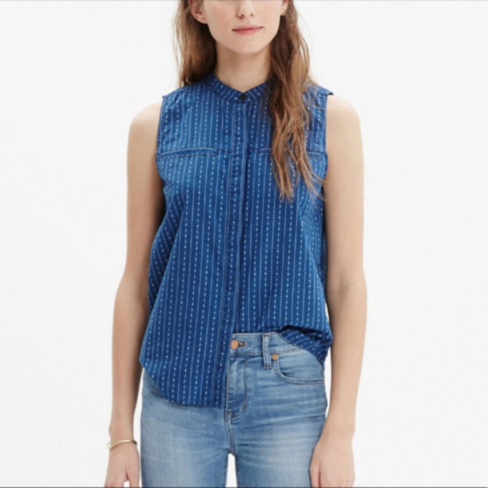 Madewell Cotton Sleeveless Indigo Stripe Shirt